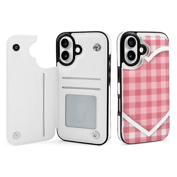 Compatible with iPhone 11 12 13 mini 14 15 16 Pro Max Plus Wallet Case with Card Holder, PU Leather Kickstand Card Slots Case ( Pink Plaid Heart, iPhone 16)