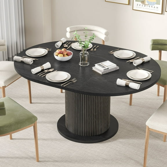 Round Dining Table for 4-6 People, 43.3ā-59āExtendable Round Kitchen Dining Table with Pedestal Base, Black