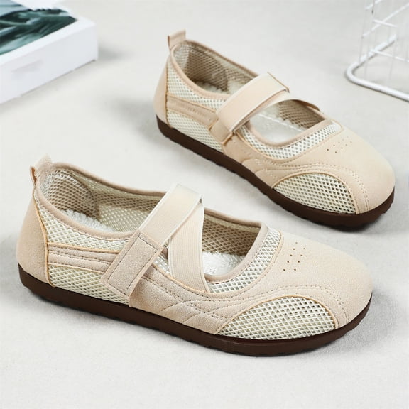 Domuza New Mary Jane Flats Shoes for Women Casual Hollow Out Knitted ,Fashion Comfortable Mesh Walking Beach Shoes Lightweight Breathable Slip-On Shoes Beige 8.5（EU-41）