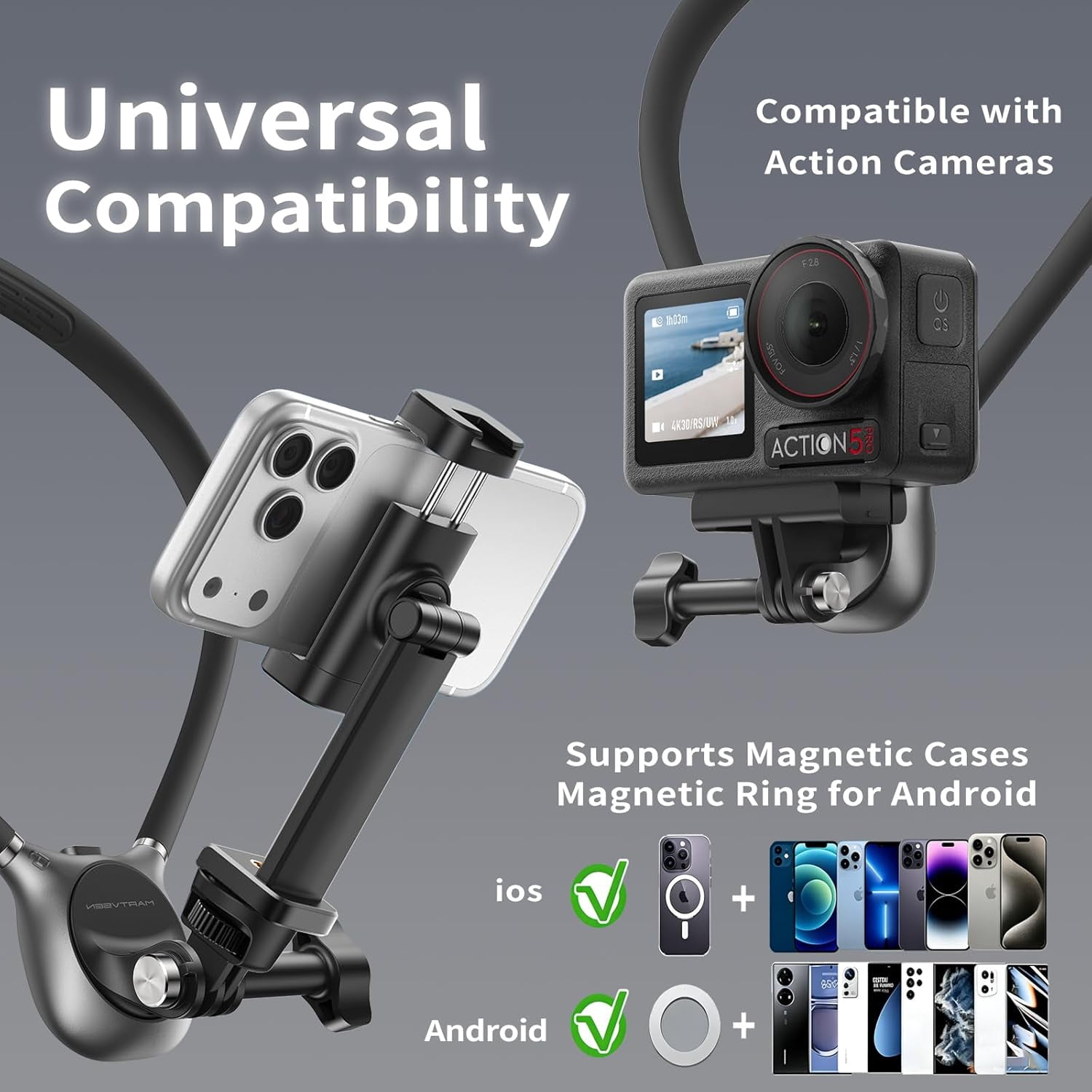 Magnetic Neck Phone Holder for Video Recording POV Phone Camera POV Chest Mount for Gopro DJI Osmo, Pocket 3 Neck Mount,Ideal for Vlogging, Live Streaming, Cooking, Sports