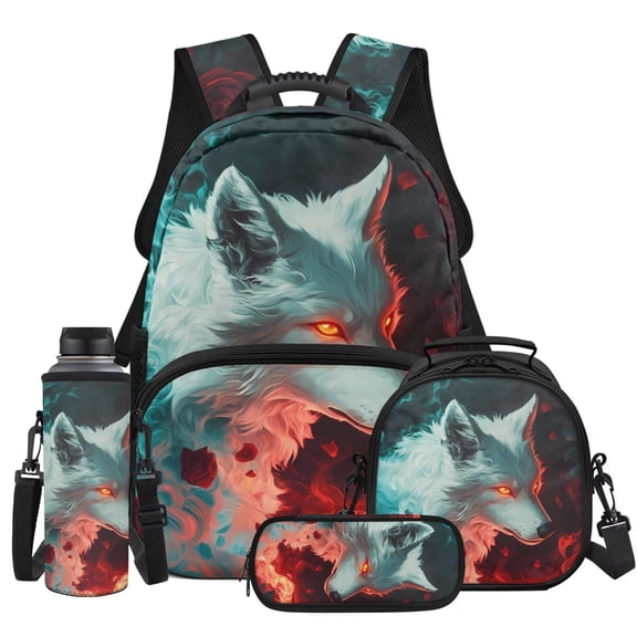 Yspwyqan Fire White Wolf 4Pcs Kids Backpack Set with Lunch Box Pencil Case Water Bottle, Lightweight Large Capacity Boys Backpack Set for Elementary School