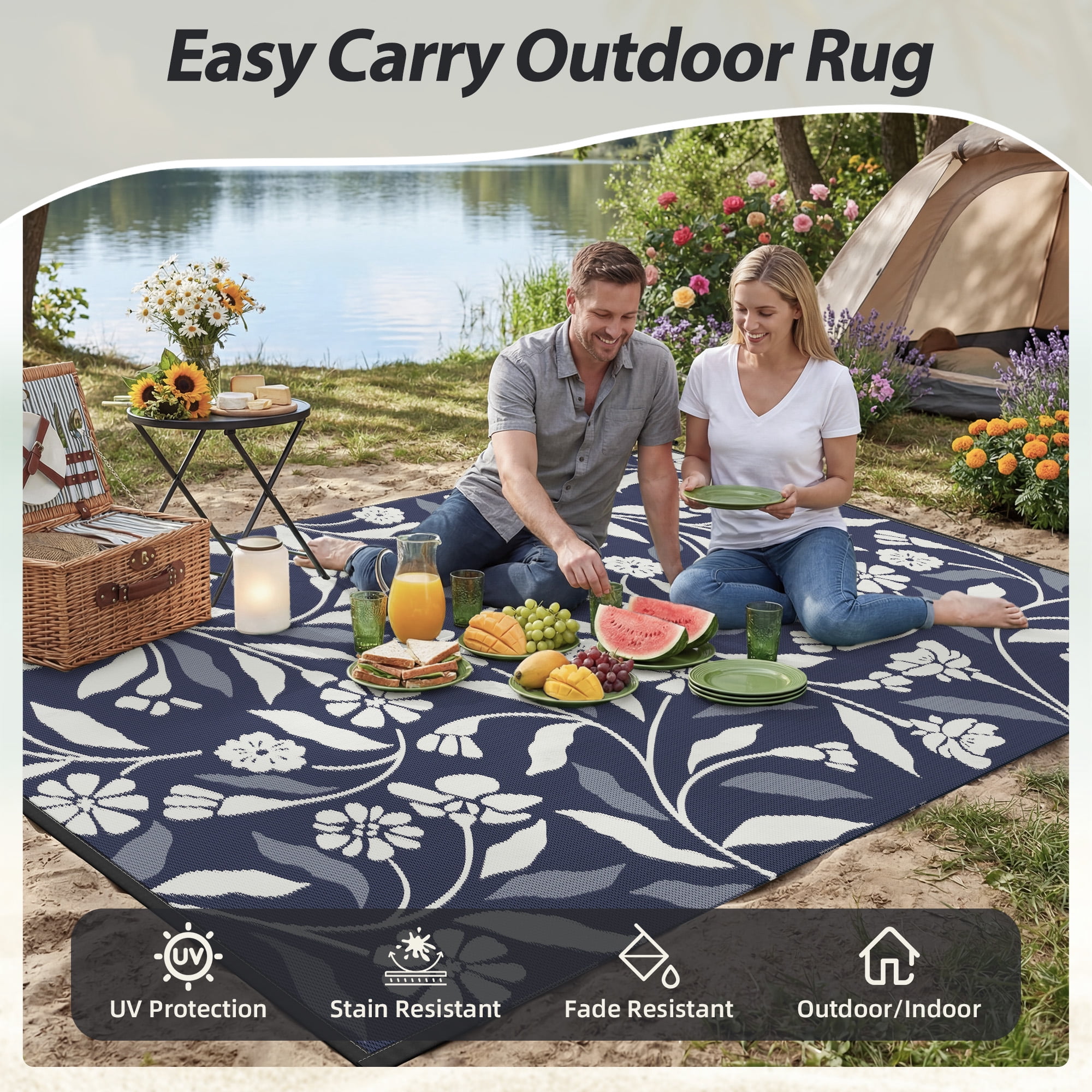 SIXHOME 9'x18' Waterproof Reversible Outdoor Rug, Black Tropical