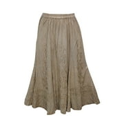 Mogul Boho Maxi Skirt Beige Embroidered A-line Gypsy Retro Long Skirts For Womens