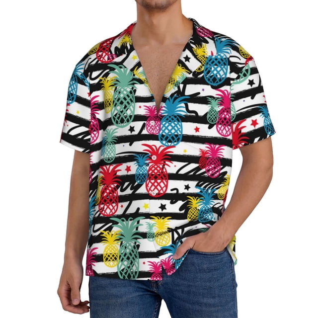 Balery Trendy Colorful Pineapples 1 Camisa Casual de Manga Corta con Botones para Hombre, Texturizada, Estilo Cubano, para Playa, Verano-Small