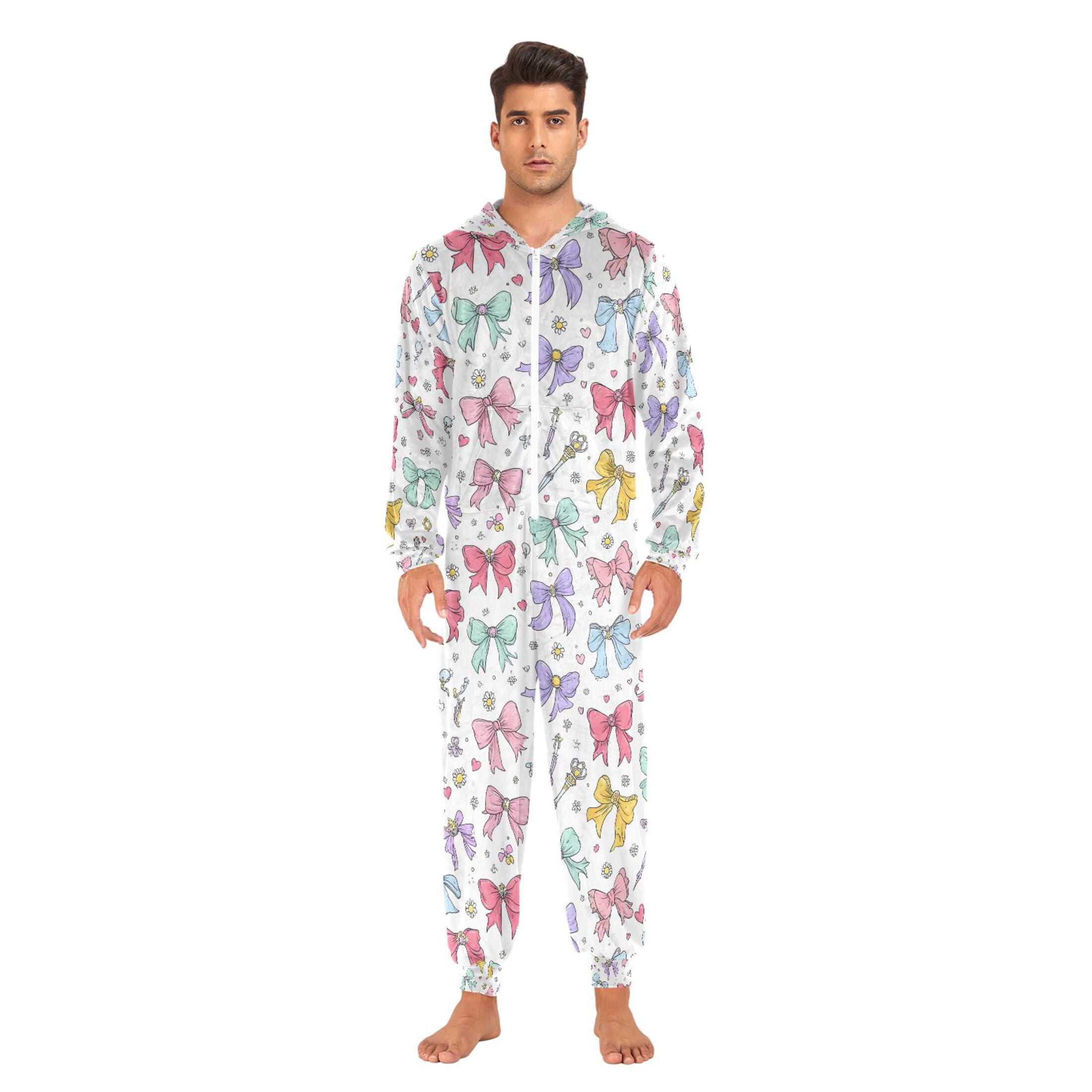 Adult Christmas Onesie Cute Colorful Bows Adult Zipper One-Piece Pajamas Unisex Pajamas with Pockets