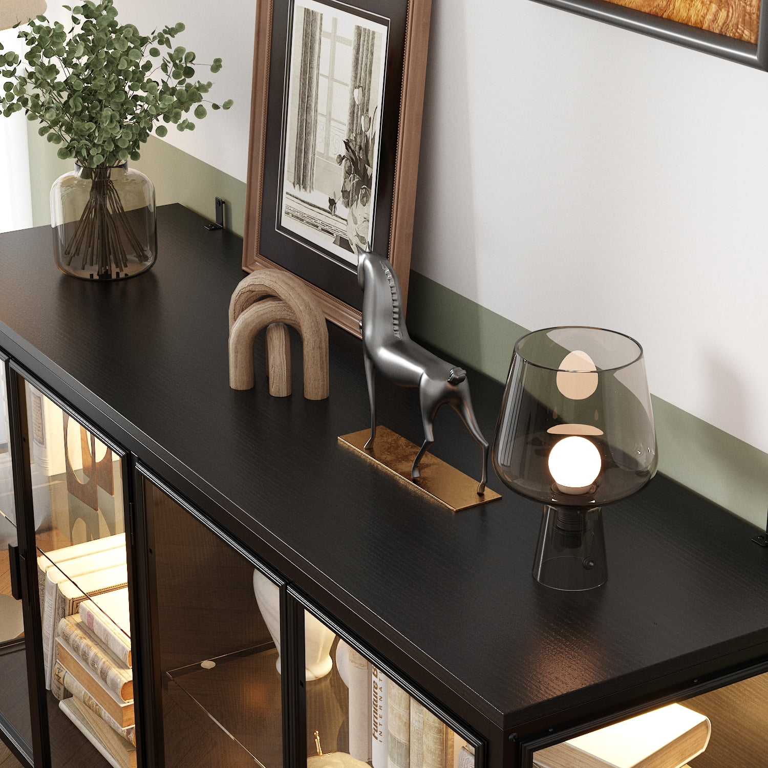 WIAWG Storage Cabinet with 3-Color LED Lights, Glass Shelves & 4 Compartments, Sideboard Buffet for Living Room Dining Room, Black
