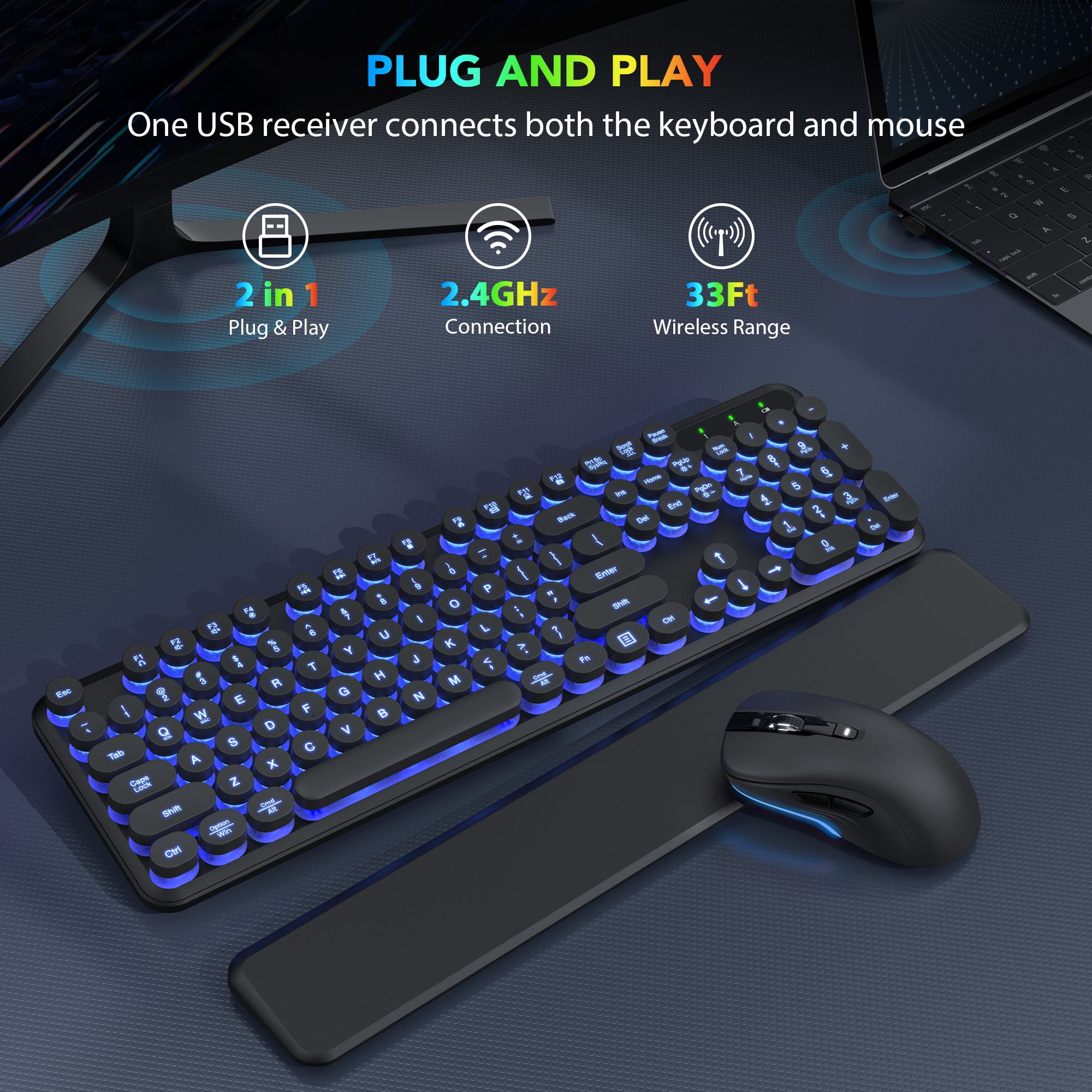 Wagpak Wireless Keyboard and Mouse Backlit - Retro Round Keycaps, Detachable Wrist Rest, Black, New, 1 Count