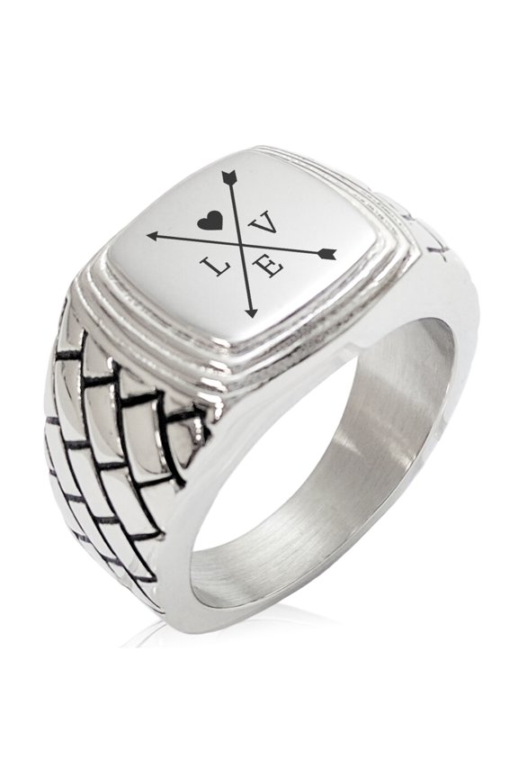 Stainless Steel Heart Love Arrow Compass Geometric Pattern Step-Down Biker Style Polished Ring