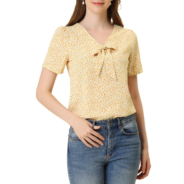 Blusa suelta amarilla de manga corta con cuello en V y estampado para mujer INSPIRE CHIC, talla S