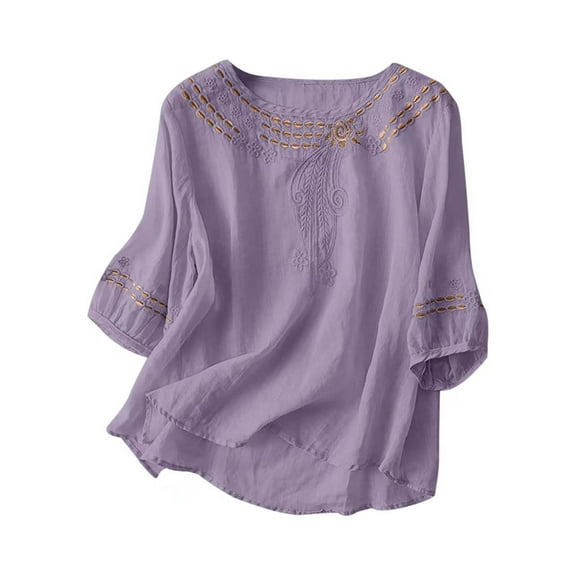 Women's Tops Boho Embroidered Three Quarter Sleeve Cotton Linen Blouse Purple 2XL