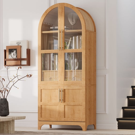 CQSXDA Versatile 71 Inch Tall Arched Kitchen Storage Cabinet With Adjustable Shelves, Glass Door And Hidden Drawer Design