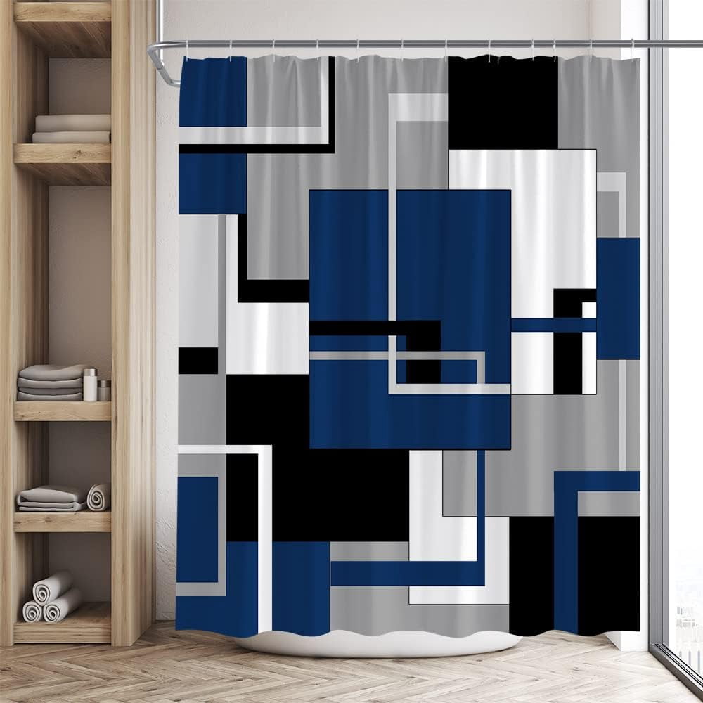Blue Geometric Shower Curtain Black White and Gray Abstract Minimalist Line Geometry Mid Century Polyester Fabric Bathroom Accessories Set Include Hooks 70Wx70H Inch