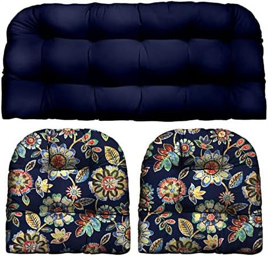Indoor Outdoor 3 Piece Tufted Wicker Cushion Set, (Large, Navy Blue