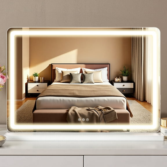 EDX Vanity Mirror with Lights, 22" x 32" LED Makeup Mirror with Dimmable 3 Color Modes, Touch Screen Control Vanity Based Mirror Desk Mirror Square White
