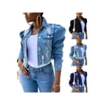 thumbnail image 3 of KOMOO Women Denim Crop Jacket Puff Sleeve Button Distressed Jean Jacket Fashion Ripped Denim Jacket Plus Size, 3 of 4