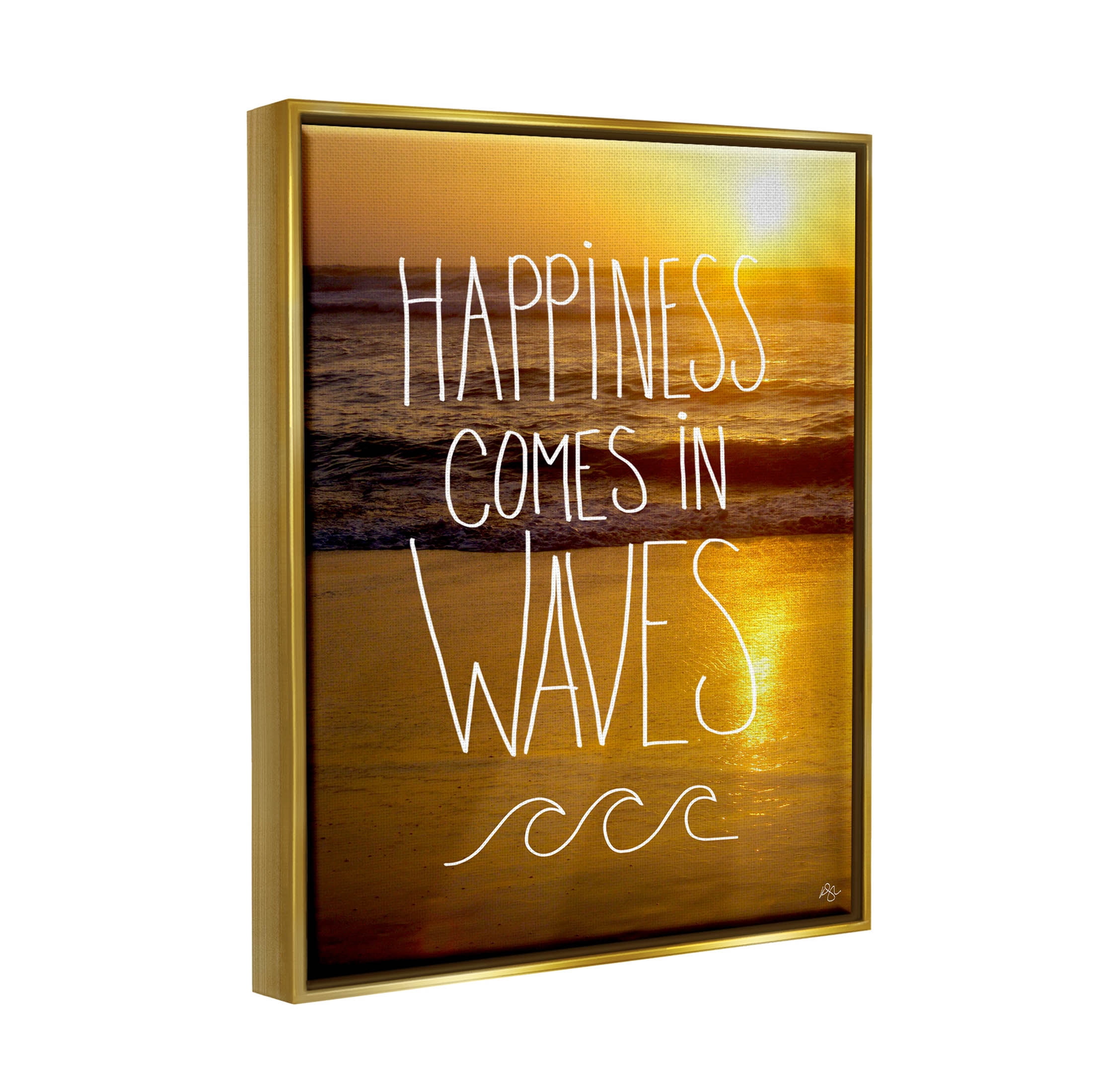 Stupell Industries Happiness Comes In Waves Phrase Graphic Art Metallic Gold Floating Framed Canvas Print Wall Art, Design by K. Kaufman