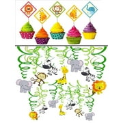 Jungle Animals Birthday Cup Cake Topper Set of 20 Pieces & Safari Animal Jungle Ceiling Hanging Swirl Decorations- 12 Pieces