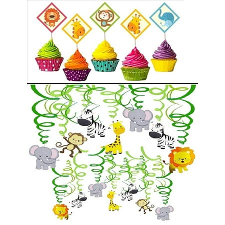 Jungle Animals Birthday Cup Cake Topper Set of 20 Pieces & Safari Animal Jungle Ceiling Hanging Swirl Decorations- 12 Pieces
