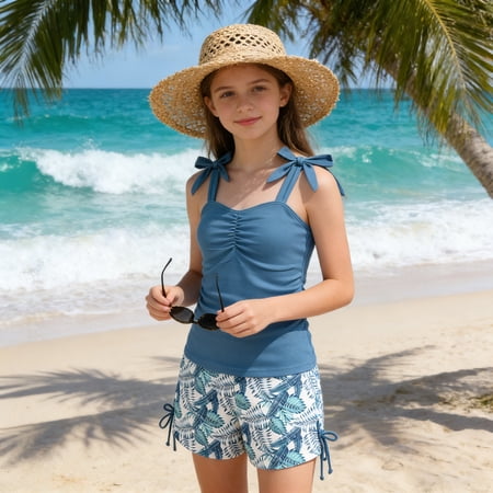 FASHOFT Girls Swimsuit Ruched Tie Straps Two Piece Swimsuits Bathing Suit Summer Beach Girl Swimwear Navy 11-12 Years