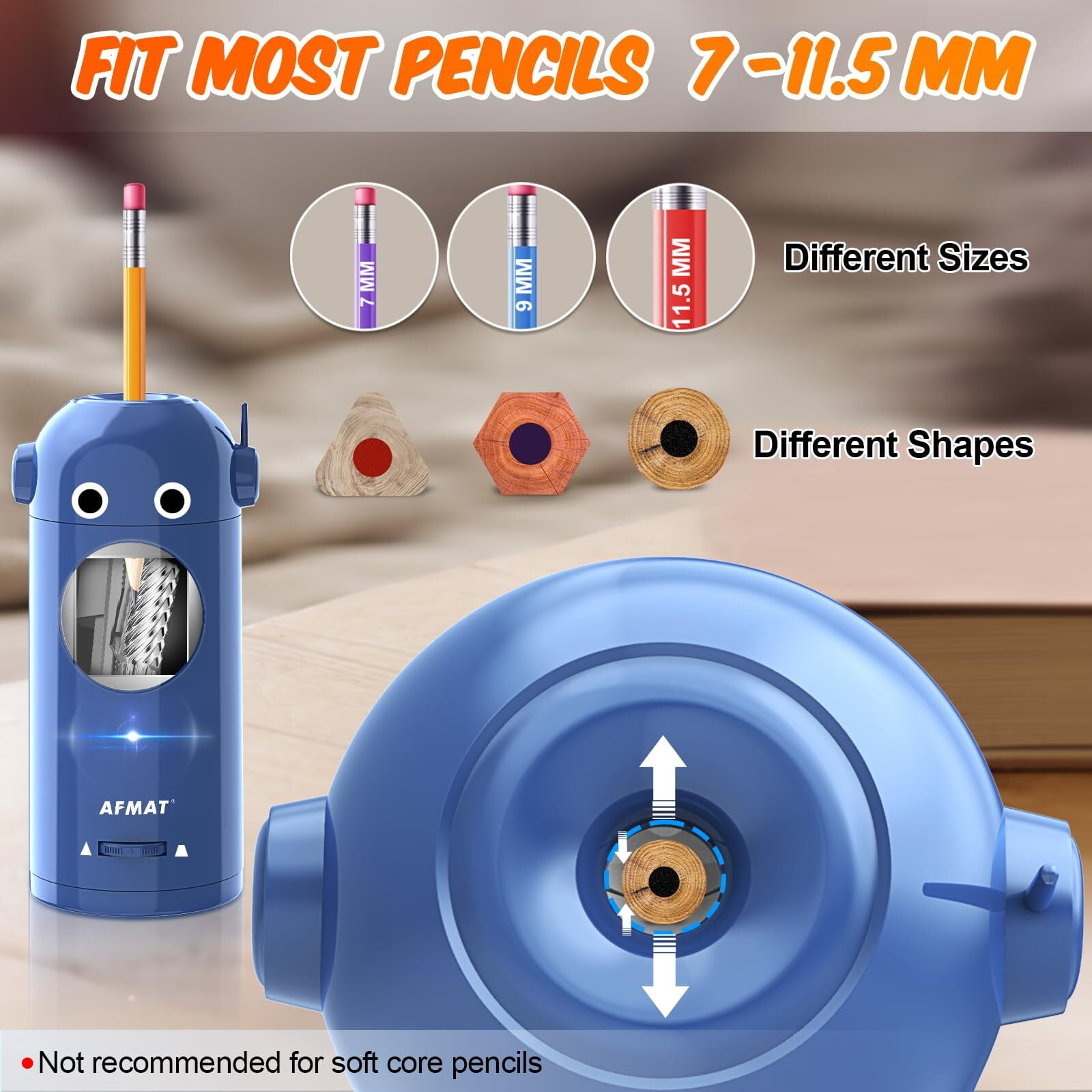 AFMAT Electric Pencil Sharpener for Colored Pencils 7-11.5mm, Auto in & Out, Fully Automatic Rechargeable Hands-Free Pencil Sharpener, Blue