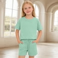thumbnail image 5 of LIIPEE Girls Outfit Sets Casual Solid Color Loose Fit Short Sleeve Crew Neck Tee Tops Pockets Drawstring Shorts 2 Piece Set Kids Children Comfortable Breathable Cute Clothing,Green,9-10 Years, 5 of 5