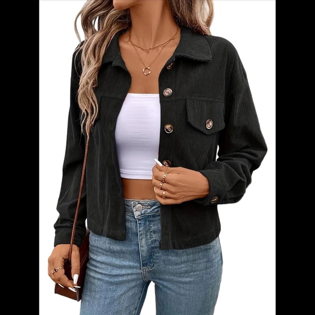 Chaquetas Informales de para Mujer, Chaquetas con Botones, Blusas de Larga de Moda para Otoño. Negro M