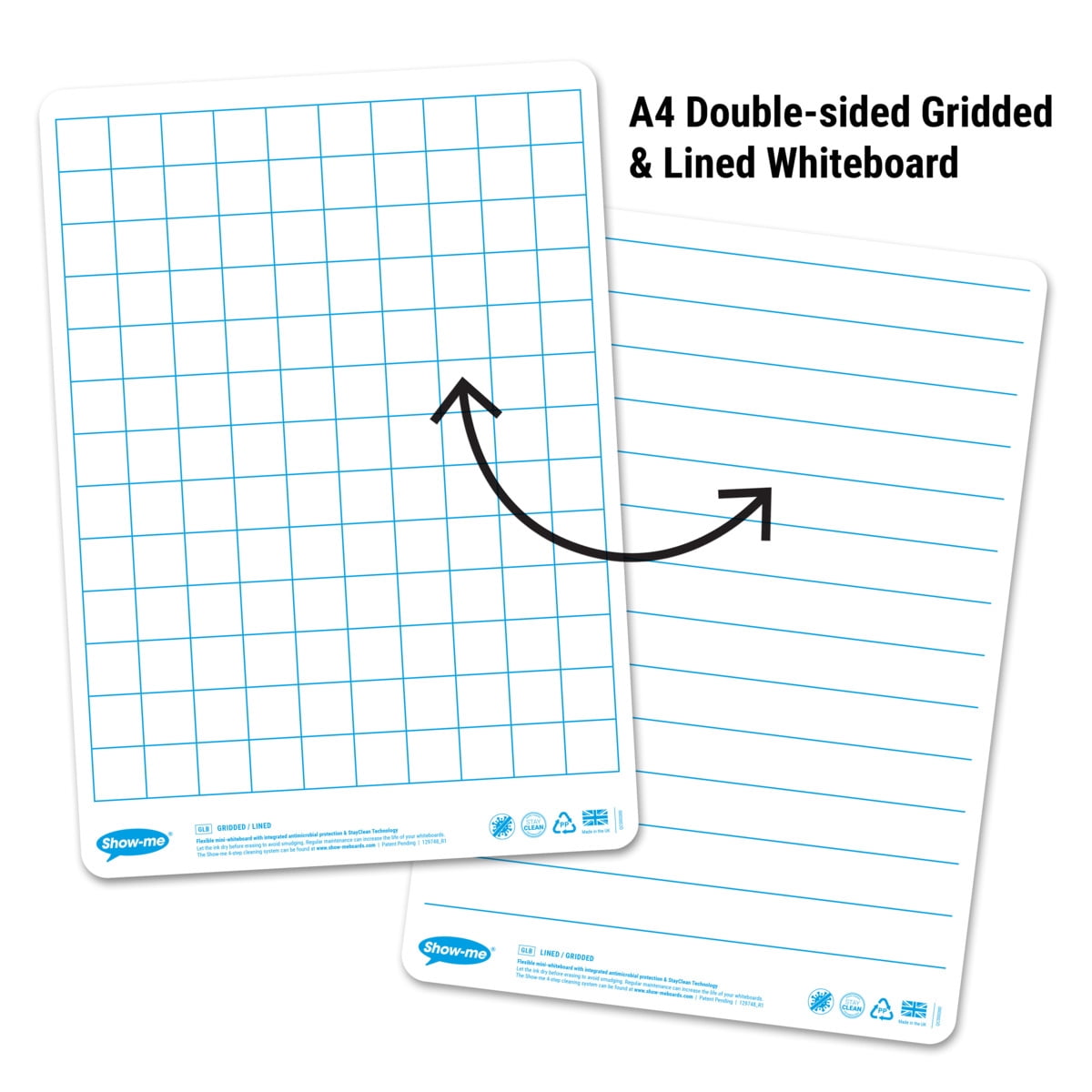 Show-me Classpack of 35 x A4 Lined/Gridded dry erase boards, pens and erasers plus free cleaner