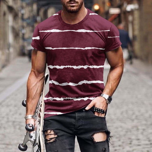 Qertyioot T-Shirt à Manches Courtes pour Hommes, Col Rond, Rayé, Imprimé, Entraînement Physique, Sport, en Solde