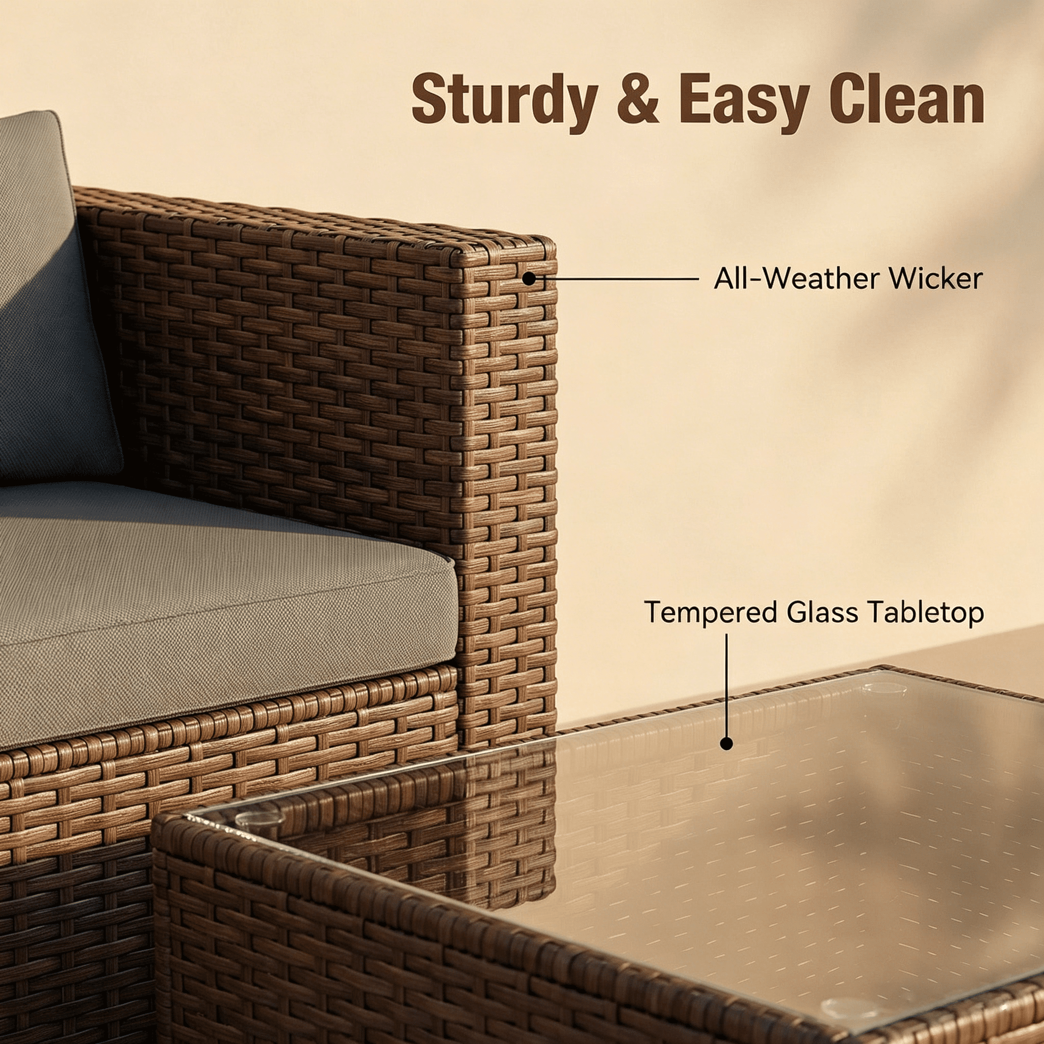 Lofka 5 Pieces Patio Furniture Set with Wicker Sofa and Tempered Glass Table for Outdoor | Backyard in Gray
