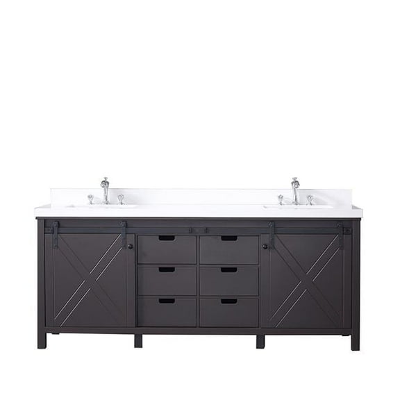 80 in. Marsyas Double Vanity with White Quartz Top, White Square Sinks & No Mirror - Brown
