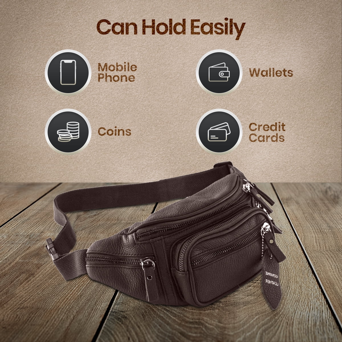 Black Fanny Pack Sheep Leather Waist Bag Pack for Men Women Travel Pouch  Bag, Multiple Pockets & Durable Belt for Hiking Running Cycling
