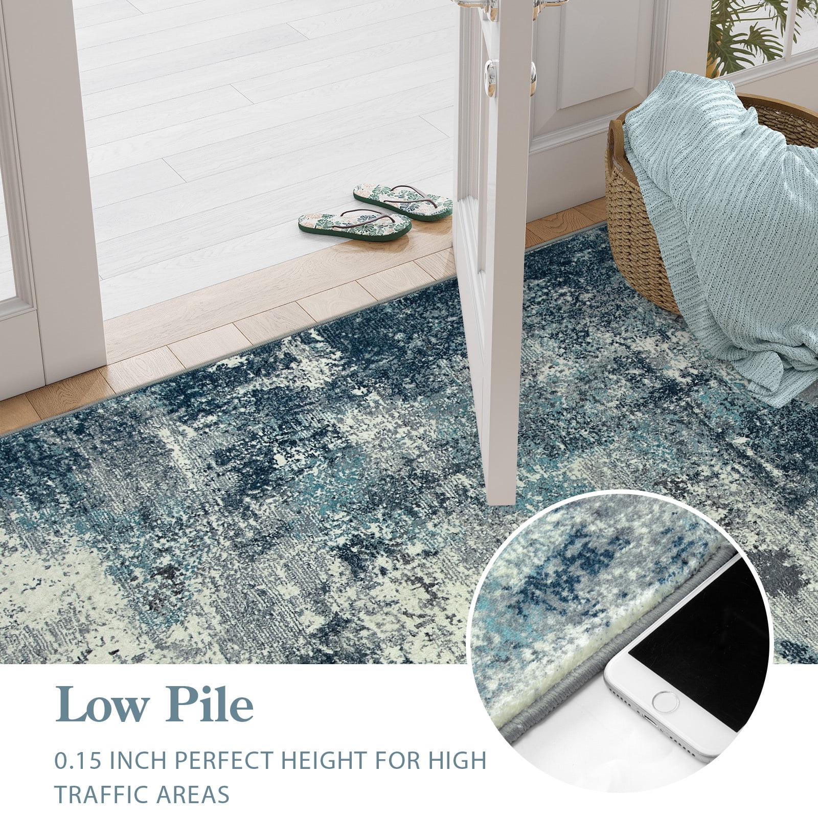 RUG ROBOT 3'x5' Area Rugs for Entryway, Non-Slip Washable Throw Rug, Indoor Soft Modern Abstract Distressed Doormat, Small Rug for Bedroom, Kitchen, Terrace, Balcony, Blue/Gray