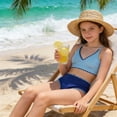 thumbnail image 5 of Huowey Girls Bikini Swimsuits 2 Piece Bikini Sets Cross Strap Ruched Floral Print Hollow Out Tops Solid Color High Waist Bottomd Sport Soft Swimwear Trendy Bathing Suit,Sky Blue,11-12 Years, 5 of 6