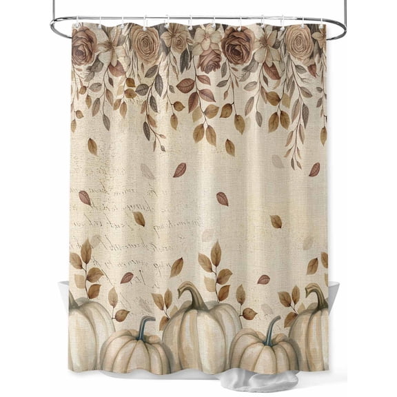 Fsddascl Beige Pumpkin Fall Shower Curtain Set - Standard 72" x 72" Washable Bathtub Curtain with 12 Hooks, Thanksgiving Roses Eucalyptus Vintage Waterproof Fabric Stall Shower Curtains for Bathroom