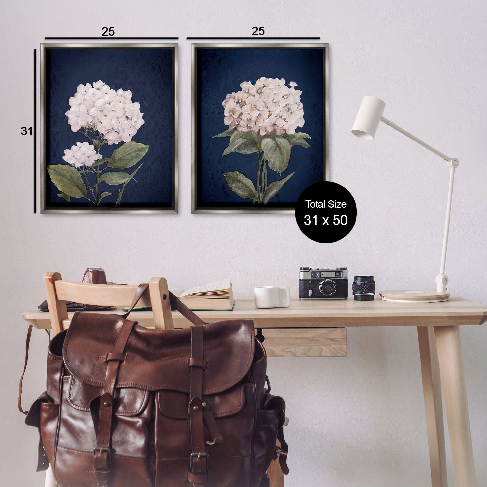 Stupell Industries Hydrangea Flower on Blue Plants & Flowers Painting Gray Floater Framed Canvas Art Print Wall Art, 31 x 25, Set of 2
