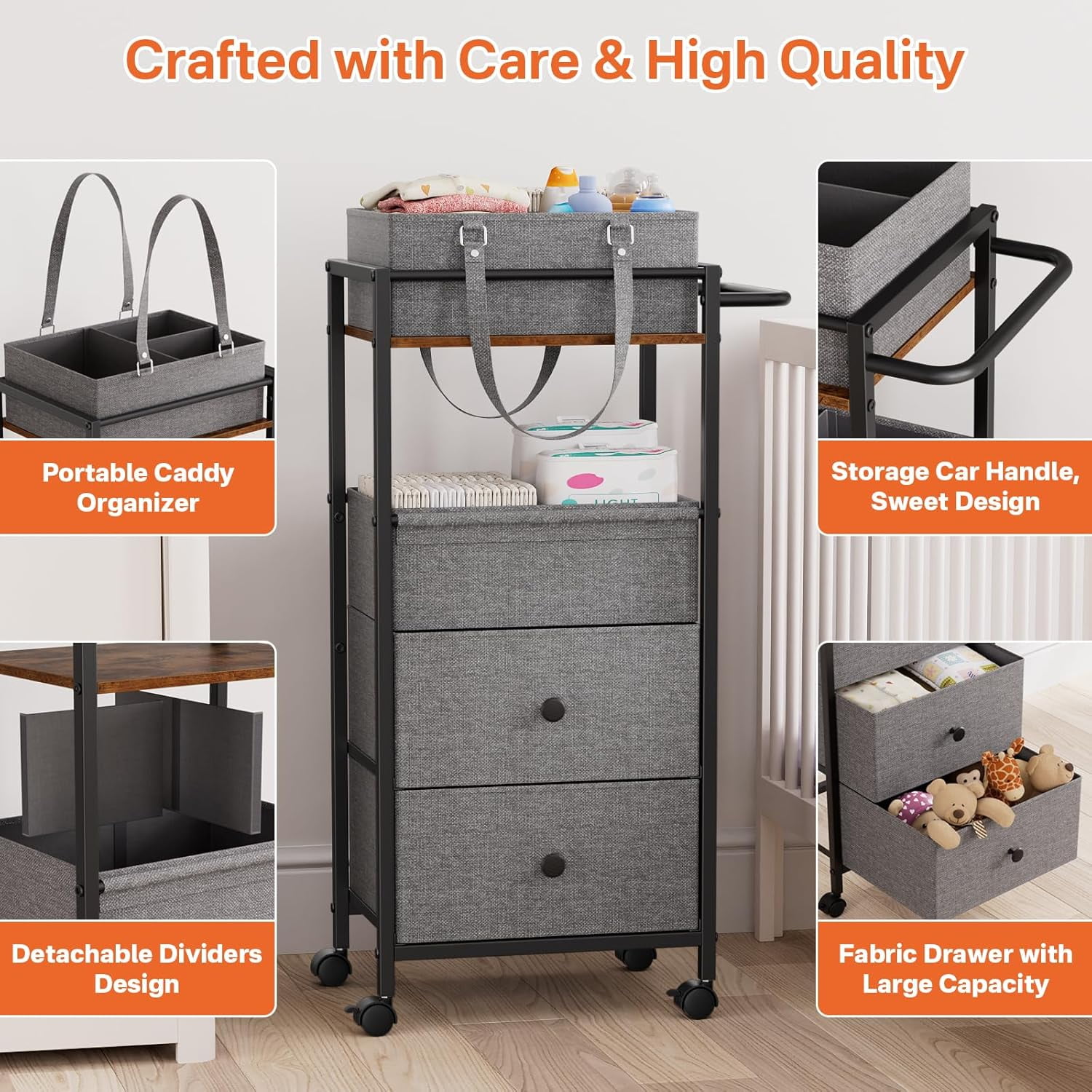 Diaper Caddy Organizer Cart with Drawers - 3In1 Rolling Storage Cart for Crib Bedroom Art &  (Black)