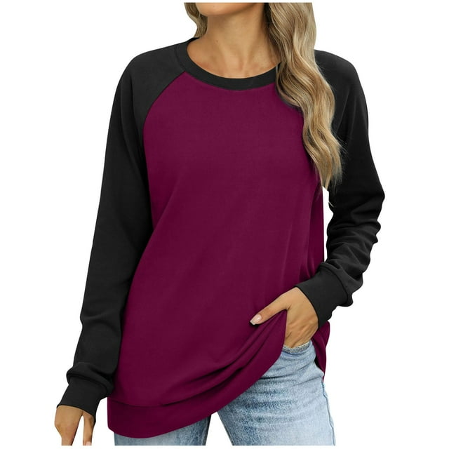MeetoTime Women's Fashion Drop Shoulder Tops Fleece Crew Neck Long Sleeve Color Block Fall T-Shirts