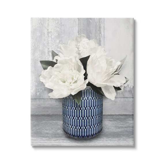 Stupell Industries Rustic White Peony Flower Blossoms Geometric Pattern Vase,16 x 20, Design by Lori Deiter