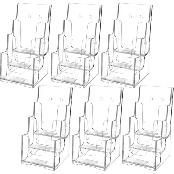 Acrylic Brochure Holder, 4 Inch Wide 3 Tier Literature Display Stand, Clear Premium Acrylic Pamphlet Holder, Multi Pocket Wall Mount or Countertop Organizer, Office or Home Use, 6 Pack