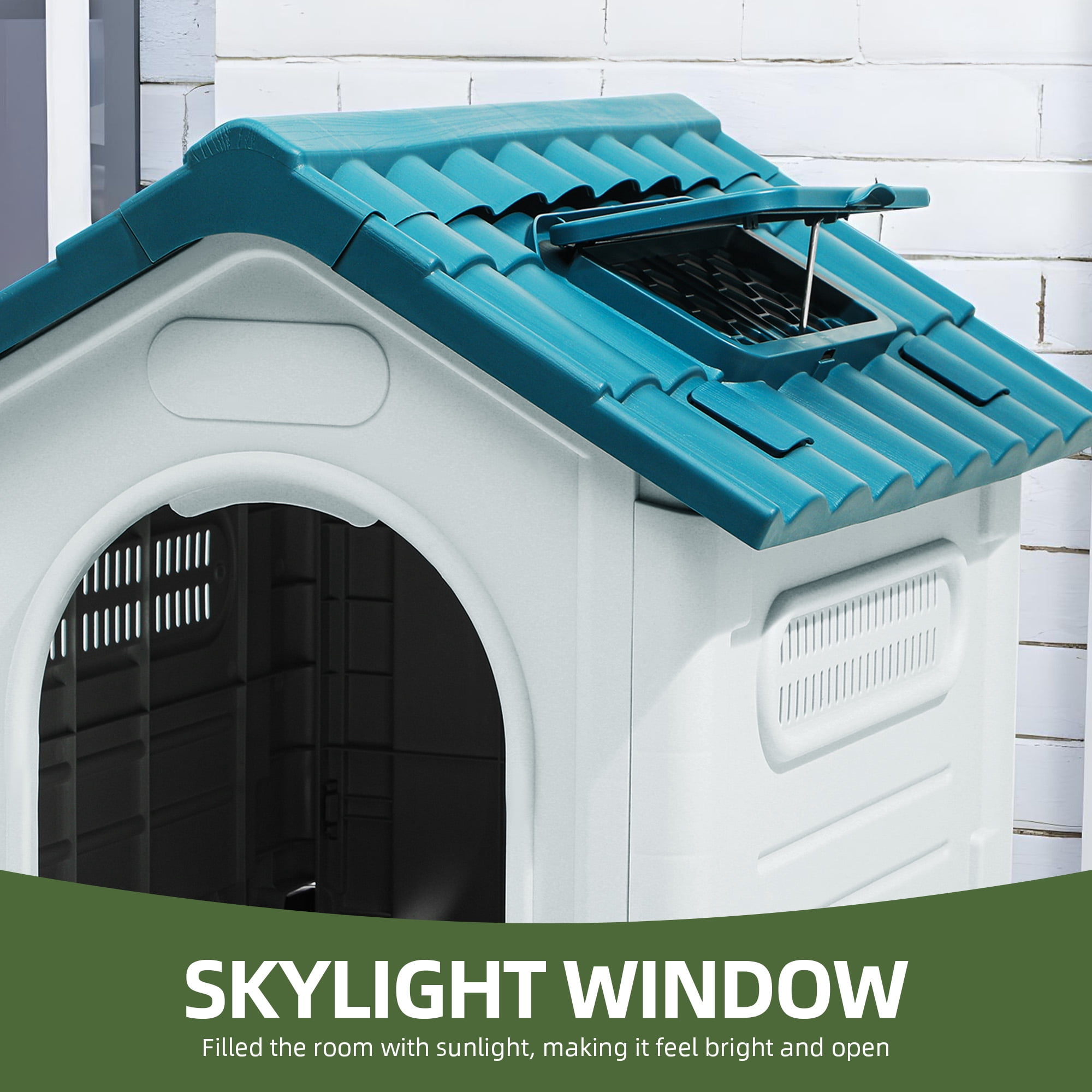 Uforic Foldable Plastic Dog House with Adjustable Skylight and Elevated Floor, Outdoor Indoor Waterproof  Doghouse Puppy Shelter,Blue,26.8''Lx 22.4''Wx 26''H
