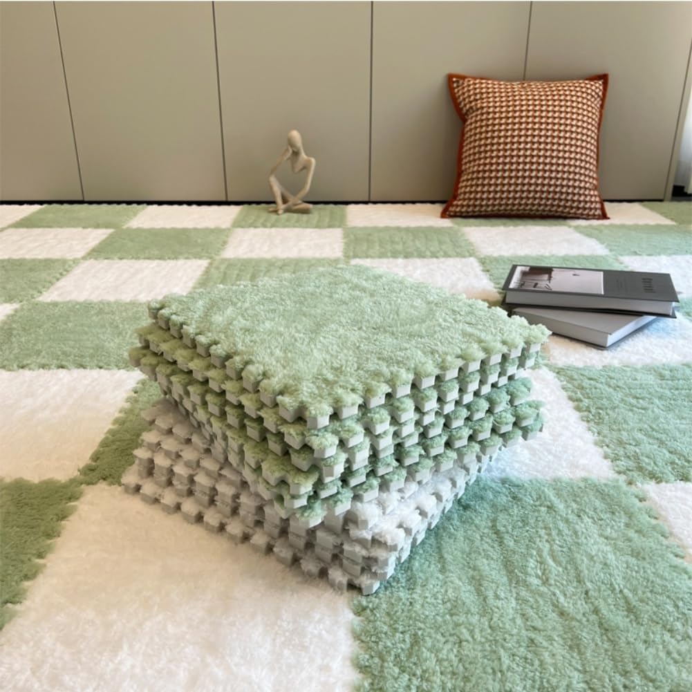 10PCS Fluffy Plush Interlocking Foam Mat Tiles, 12"x12" Thick Padded Playroom Carpet with Border, Play Mat Floor Tiles Thick Padded Squares Foam Tiles for Decor