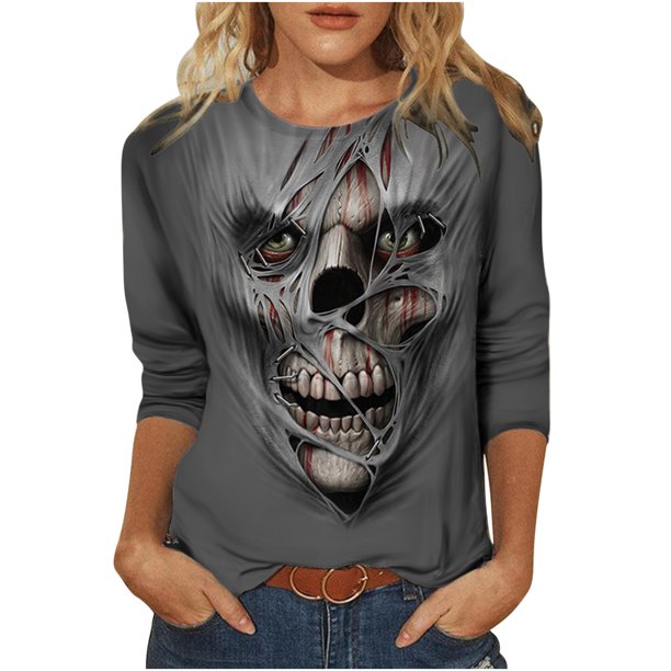 Camiseta de manga larga con estampado de cuello redondo a la moda para mujer, blusas informales sueltas Fridja hkj2771