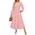thumbnail image 2 of vdgthytj Womens Long Sleeves Maxi Dress Casual Round Neck Dot Pleated Elegant Flowy Ruffle Hem Solid Color Dresses, 2 of 6