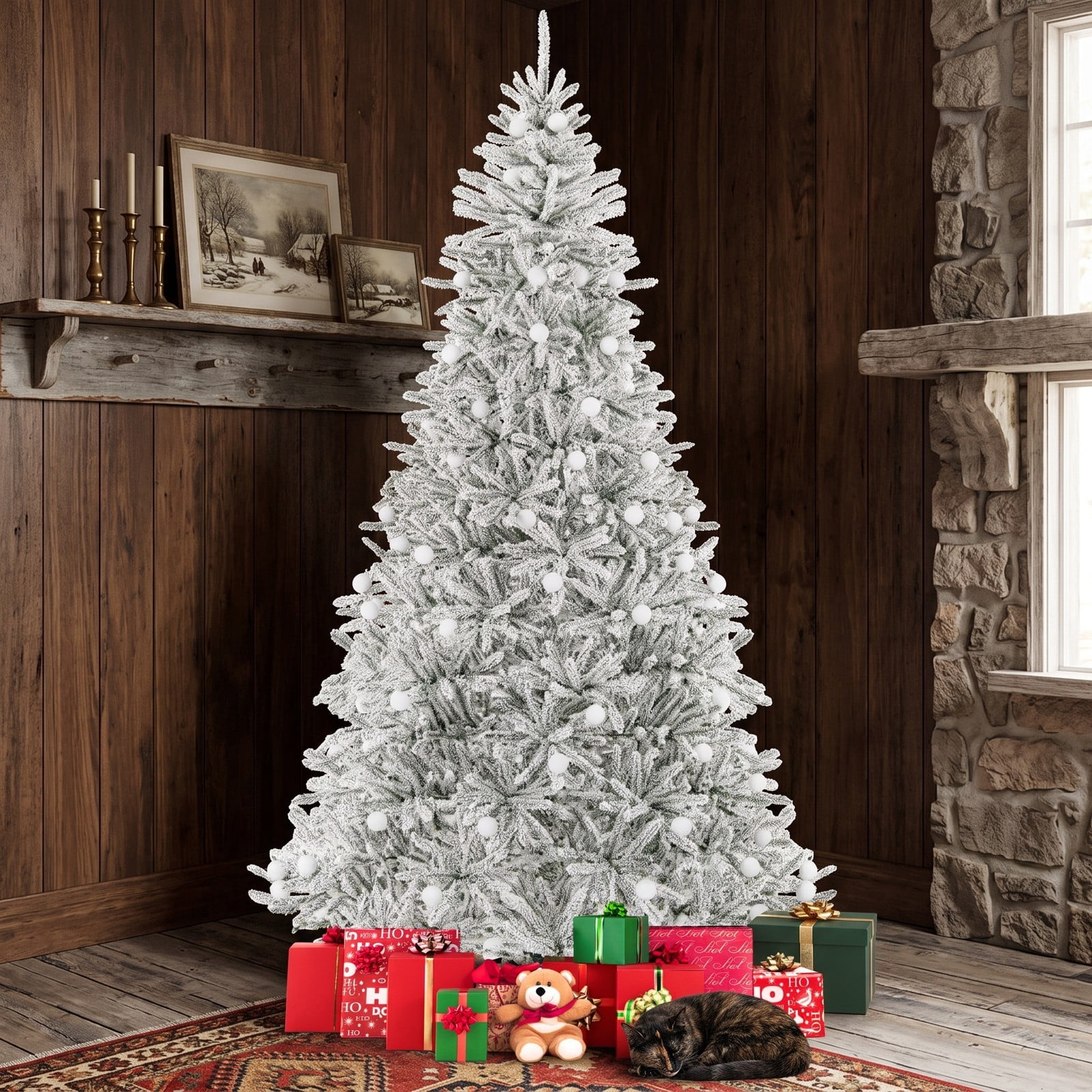 RUIE 8 Feet Pre-lit Snow-Flocked Artificial Christmas Tree, Hinged Xmas Tree with 450 Warm White LED Lights, 81 Sphere Lights, Remote and Timer for, Green & White
