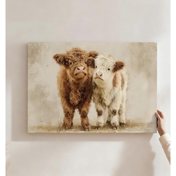 Fluffy Highland Calf Pair Canvas Wall Art, Rustic Farmhouse Animal Decor, Soft Brown & White Calf Artwork For Bedroom, Nursery, Living Room, Ready To Hang
