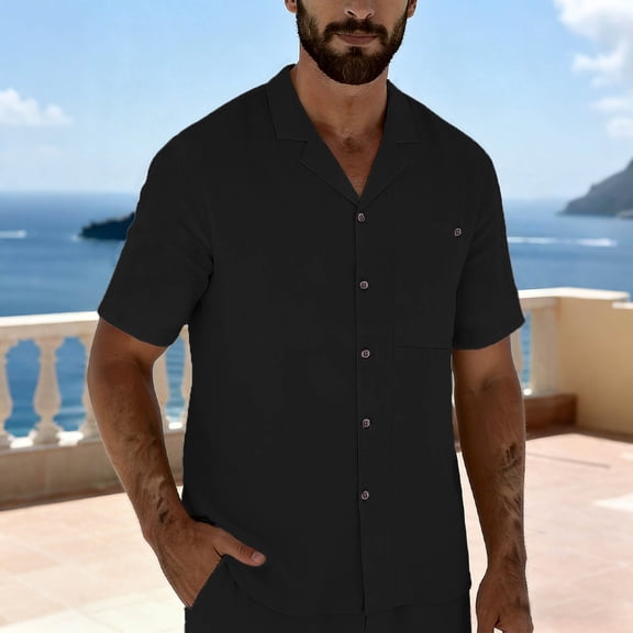 Fnnxeal Mens Short Sleeve Linen Shirt - Camp Collar Button Down Casual Relaxed Fit Shirt, Breathable Summer Beach Vacation Top for Men,Size 3XL