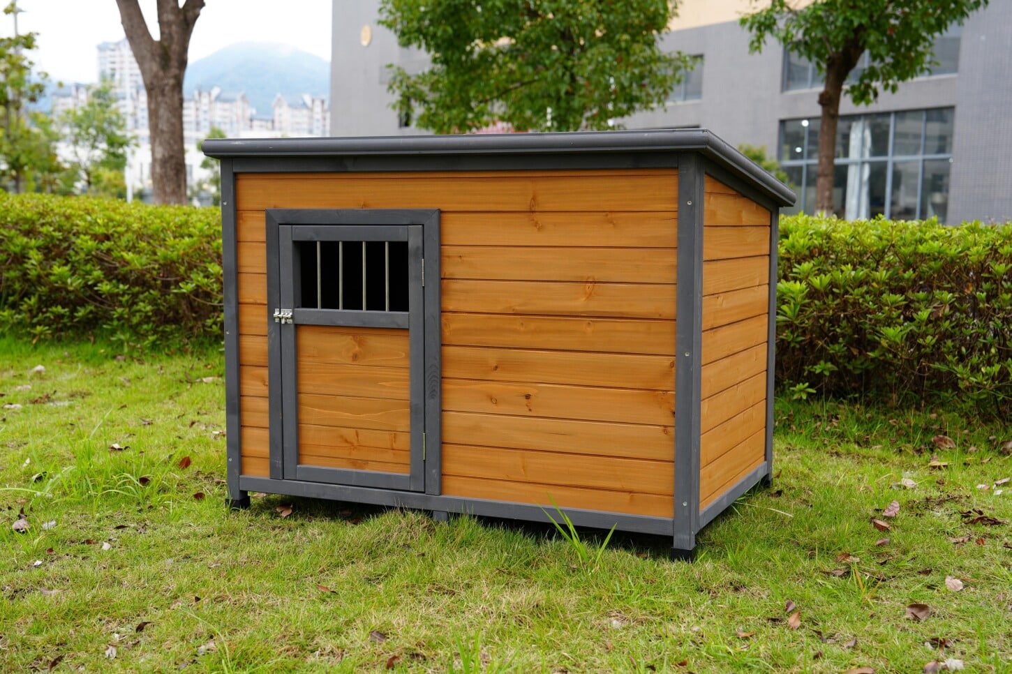 44.2" Wooden Dog House, Outdoor and Indoor Large Kennel with Elevated Feet and Breathable Wooden Doors, Weatherproof Solid Wood Doghouse for Small Large Dog
