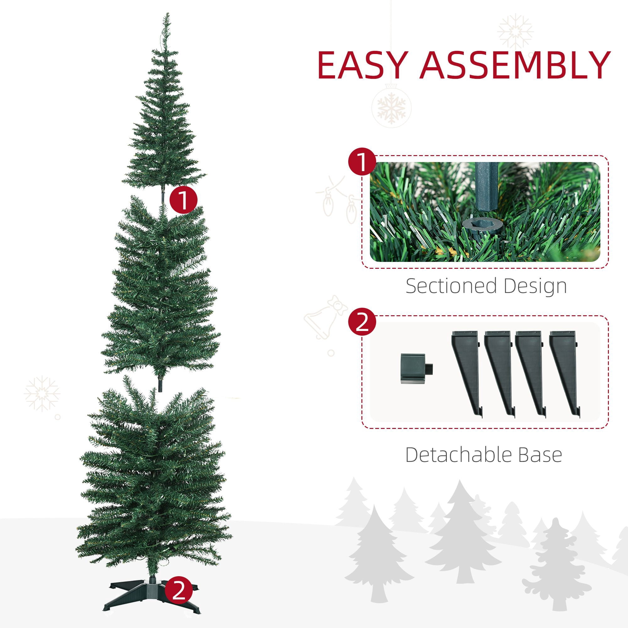 Pre-Lit Slim Artificial Pencil Christmas Tree, 7 ft Tall with Warm White LED Lights, 499 Tips, Flame Retardant, for Indoor Holiday Decoration