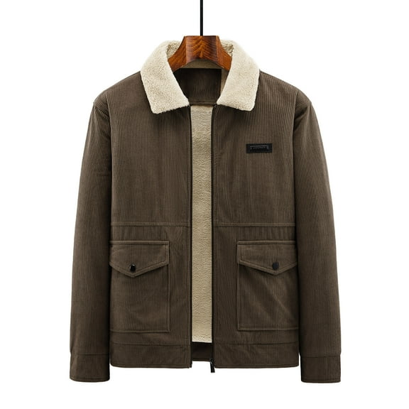Men's Corduroy Jacket Sherpa Lined Warm Turn Down Collar Zip Up Jacket with Pockets Fall Winter Casual Fleece Coat for Commute Outdoor