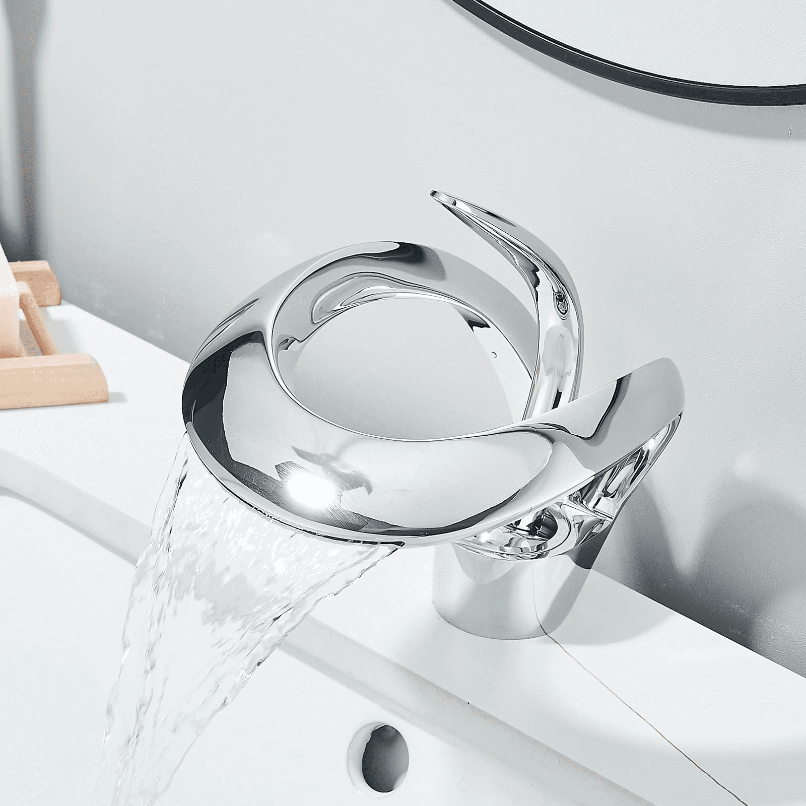 Zovajonia Chrome Waterfall Bathroom Sink Faucet Round 1 Hole Single Handle Modern Basin Faucet Deck Mount Mixer Tap Creative Hollowed Body Design